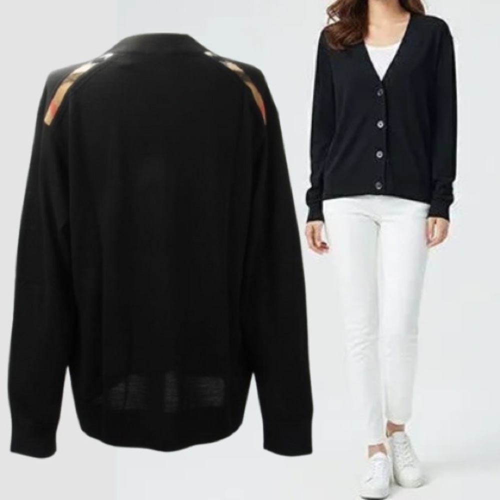 NWT Burberry Women's Cardigan “Tulip” Lightweight Wool Check Shoulder Detail